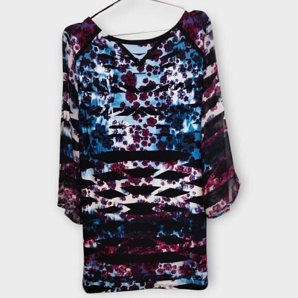 Valerie Stevens Womens Tunic Sz XL Dress‎ Blue Black Relaxed Fit Chiffon Granny - Picture 2 of 14